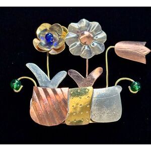 Vintage Mixed Metal Flower Pot Brooch Artisan Garden Floral Pin Copper Brass